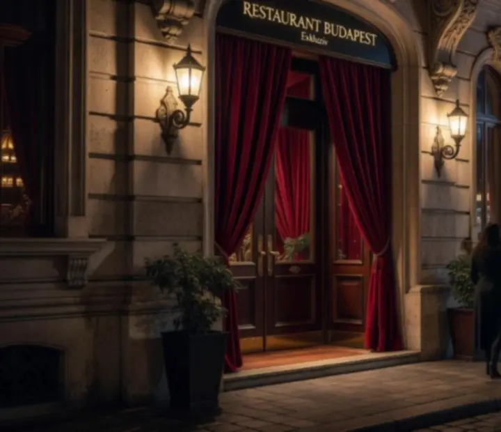 A Programconnect24 elegánsan kivilágított budapesti étteremhomlokzata az éjszakában
