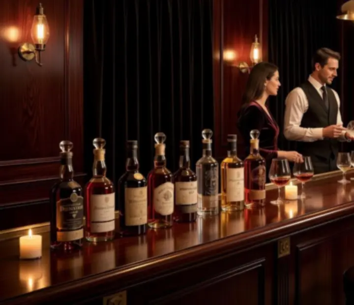 Elegáns spirits kóstoló terem félhomályos bárpulttal és kristálypoharakkal