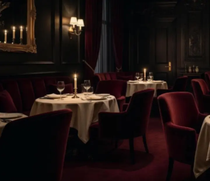 Modern késő esti supper lounge bársonyos, sötét tónusokkal és gyertyafénnyel